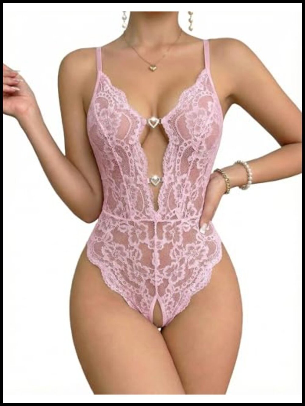 Avidlove Sheer Lace Teddy Bodysuit Deep V Heart Backless